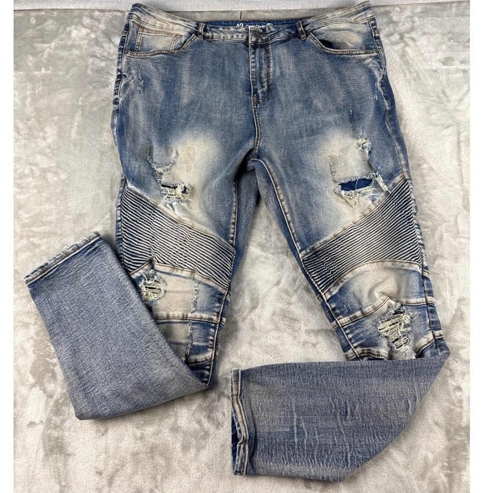 Crysp Denim Jeans Mens 42 Moto Blue Distressed Ribbed Slim EUC